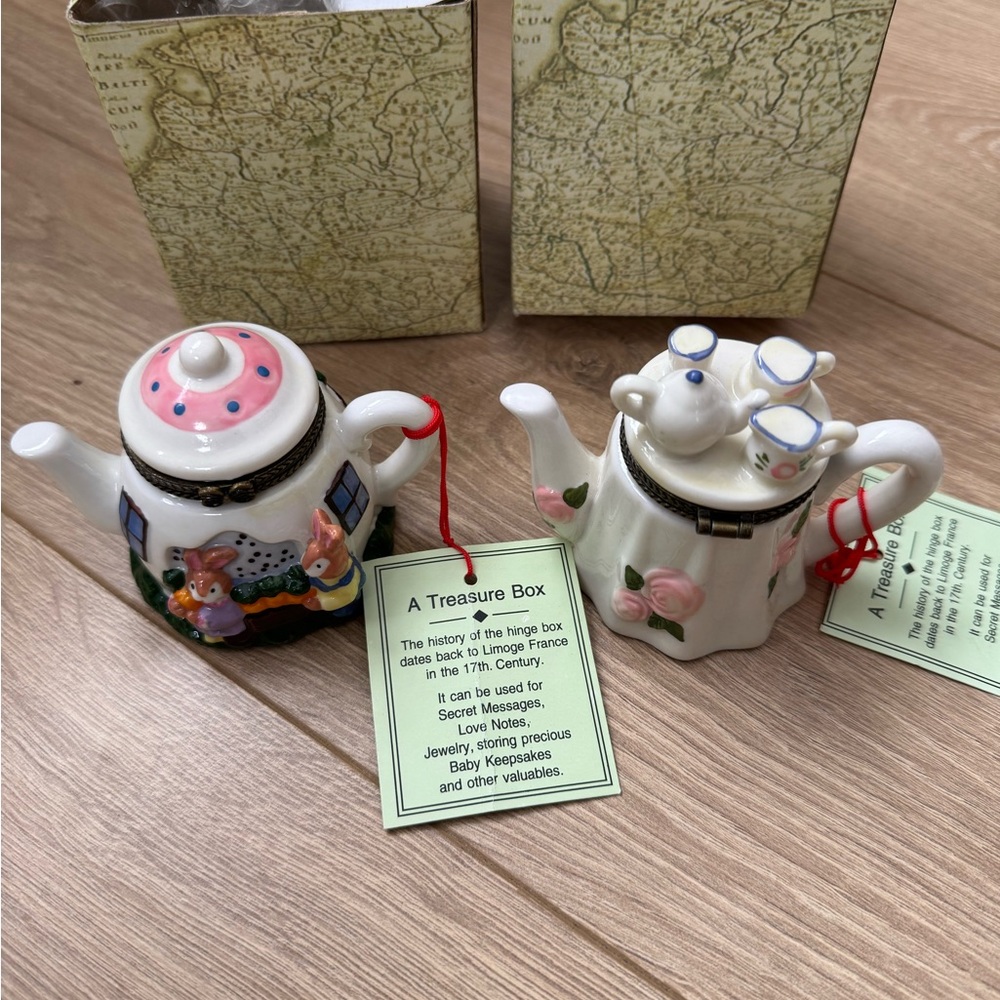 2 Vintage Teapot Trinket Boxes Hinged Porcelain –Floral & Rabbit Cottage Decor
